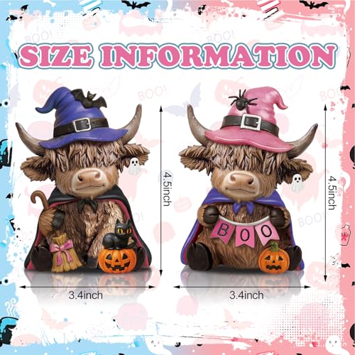 Karenhi 2 Pcs Halloween Highland Cow Figurines, Witch Hat Pumpkin Decor - style: Boo