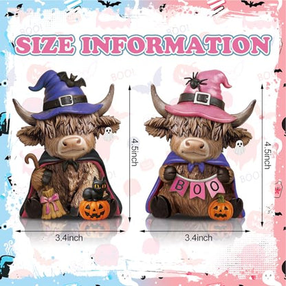 Karenhi 2 Pcs Halloween Highland Cow Figurines, Witch Hat Pumpkin Decor - style: Boo
