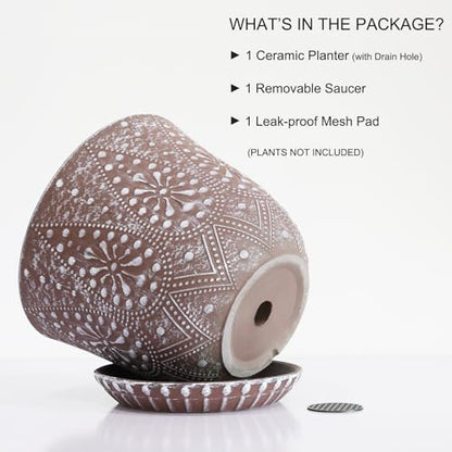 Gepege 8 Inch Ceramic Plant Pot with Drainage & Saucer - color: Clay+white, size: 8 Inch