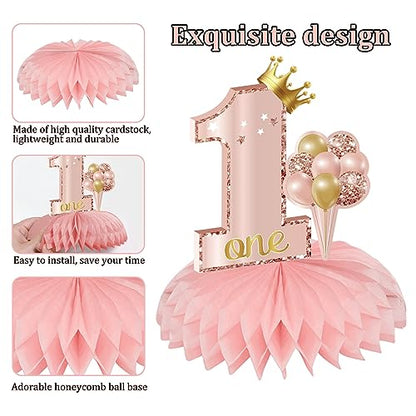 Turypaty Happy 1st Birthday Honeycomb Table Centerpieces Decorations Girls - style: Pink Rose Gold 1st