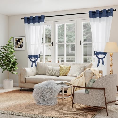 L.Z.E Navy Blue Sheer Curtains 96 Inches Long 2 Panels Set for Living Room, White and Dark Blue Sheer Curtains for Bedroom Kids Room Dining Room, Grommet Top See-Through Window Sheers (56" W x 96" L) - color: Navy, size: 56"W x 96"L (Pack of 2)