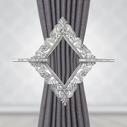 2 Pack Silver Rhombus Curtain Tiebacks, Square Drapery Holdbacks - style: 8 Crystals Silver