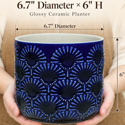 6.7" Modern Art Deco Ceramic Planter, Cobalt Blue Flower Pot Indoor/Outdoor - color: Blue