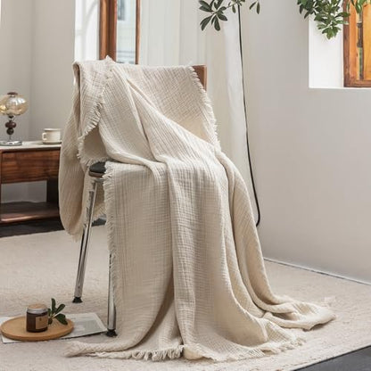 FOSSA Muslin Blanket: 4-Layer 100% Cotton Gauze Blanket with Fringe 98"x98" - color: Beige, size: Oversize Queen(98" × 98")