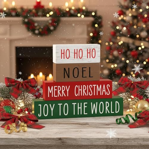 Blulu 4 Pieces Christmas Wooden Block Sign Red White Green Brown Table Centerpieces Farmhouse Tabletop Christmas Ornaments for Home Shelf Mantel Fireplace Table Windowsill Decor