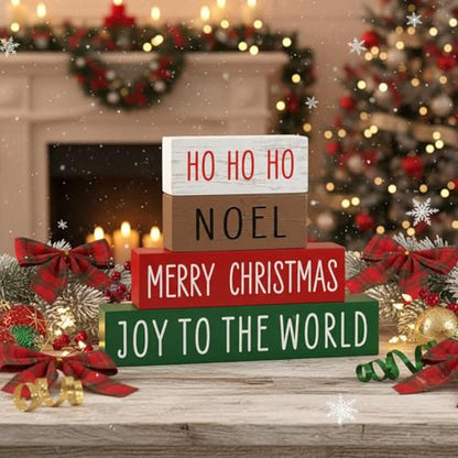 Blulu 4 Pieces Christmas Wooden Block Sign Red White Green Brown Table Centerpieces Farmhouse Tabletop Christmas Ornaments for Home Shelf Mantel Fireplace Table Windowsill Decor