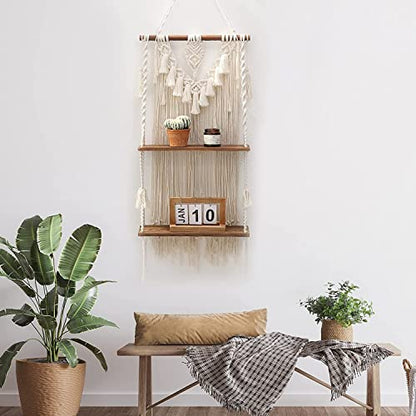 2-Tier Macrame Wall Hanging Shelf & Boho Decor, Wooden Floating Shelves - size: Large