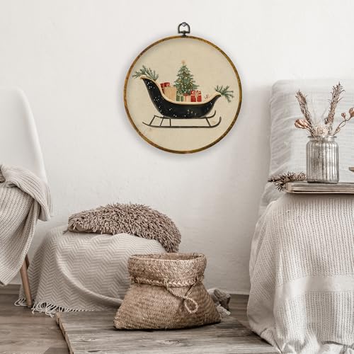 XPH Vintage Christmas Sleigh Round Wall Art Framed, Rustic Winter Christmas Circle Wall Decor, Neutral Cozy Winter Xmas Hanging Canvas Prints for Home Bedroom Living Room Decoration, 10x10 Inch - color: Christmas 16