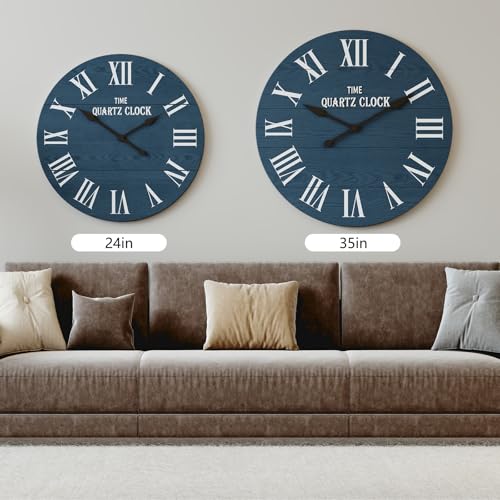ARTPOWER 24" Extra Large Farmhouse Wall Clock,Solid Wood Veneer,Blue - color: Blue, size: 24"W x 24"H