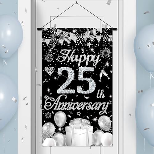Happy Anniversary Decorations Small Banner Black Silver Happy 25th Anniversary Cruise Door Hanging Banner Porch Front Door Decor for Women Men 25 Years Silver Wedding Anniversaries Party Sign Supplies - color: Black