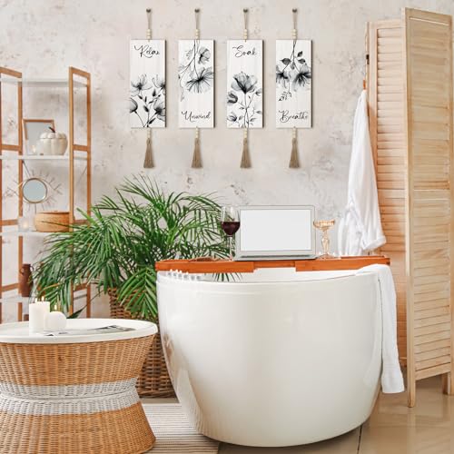 Qunclay 4 Pcs Boho Bathroom Wall Decor Relax Soak Unwind,Gray,Flower - color: Gray Flower
