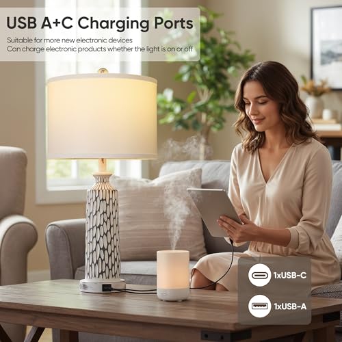 QiMH 26" Table Lamps Set of 2, Modern Bedside Lamps with USB A+C Ports, 3-Way Dimmable Touch Control & White Shade, Coastal White Gray Nightstand Lamp for Living Room Bedroom, Included 2700K LED Bulbs - color: Gray white