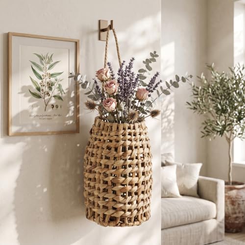 Woven Water Hyacinth Hanging Basket Door Hanging Basket Wall for Home Garden Farmhouse (Water Hyacinth) - color: Water Hyacinth
