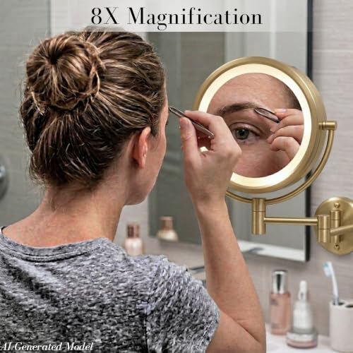 JERDON Hardwired Wall-Mount Makeup Mirror - 8X/1X - Gold - HL88BGLD - color: Gold Direct Wire