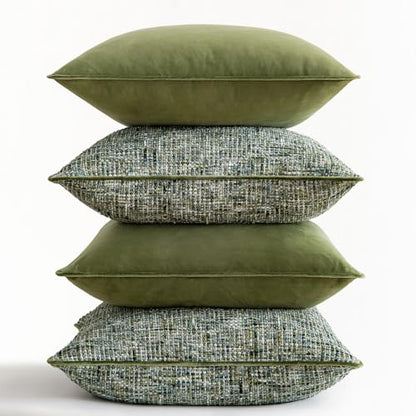 a moment Dark Green 4 Pack Throw Pillow Covers - Chenille & Velvet Set with Piping, Farmhouse Textured Design Cushion Cases for Couch Sofa Bed (18x18 Inch, No Insert) - color: Dark Green, size: 18" x 18" (Pack of 4)