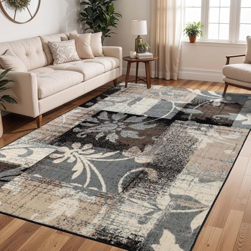 SUPERIOR Indoor Area Rug, Jute Backed, Perfect for Entryway, Office, Living/Dining Room, Bedroom, Kitchen, Floor, Modern Floral Patchwork Decor, Pastiche Collection, 10' x 14', Beige - color: Beige, size: 10' x 14' (Rectangular)