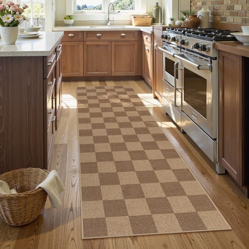 Lahome Checkered Easy Jute Kitchen Runner Rug, 2x8 Outdoor Rugs Washable - color: Nature/Checkerboard -1, size: 2'6" x 8' (Runner)