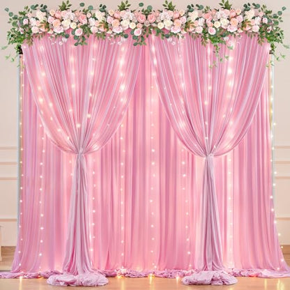 20 x 10ft Baby Pink Backdrop Curtains with Lights String - color: Baby Pink, size: W5' x H10'(4 panels)