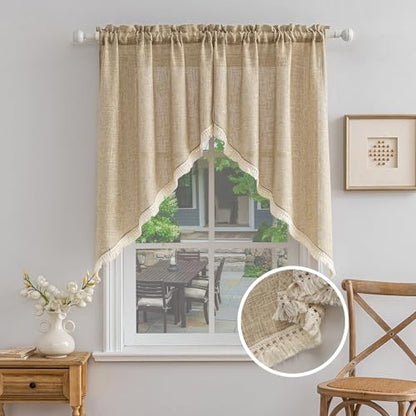 Beda Home Tassel Linen Textured Swag Curtain Valance, Taupe, 36 x 45 in - color: Taupe, size: 36"W x 45"L (Pack of 2)