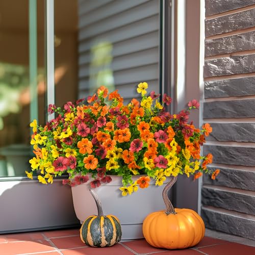 Artificial Fall Hanging Flowers Basket, UV Resistant Mums for Outdoors - color: Orange Brown Yellow