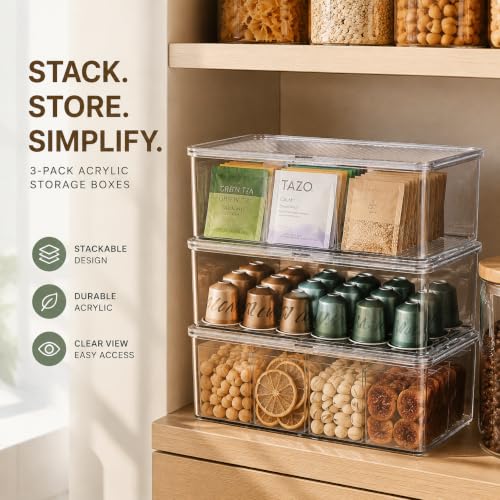 ZENFUN Set of 3 Small Stackable Storage Bins with Hinged Lid, Acrylic Organizer Box, Clear Makeup Organizer Box, Cosmetic Case for Home, Office - size: 10.8*6.8*3.7 inch