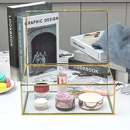 Glass Jewelry Display Box, Card Box with Hinged Lid, Gold Keepsake Box - color: Gold, size: Large