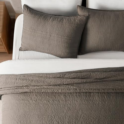 EVERGRACEHOME 100% Cotton Modern Lines Quilt Set Queen Size, Mushroom Brown - color: Mushroom Brown, size: Full/Queen (92" X 92")