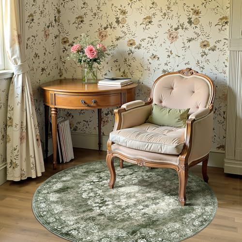 jinchan 4ft Vintage Floral Round Rug, Circle Washable Rug, Forest Green - color: Forest Green, size: 4' (Round)