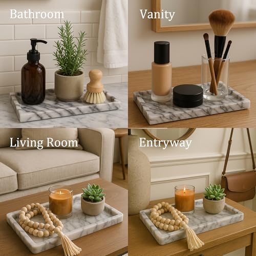 White Marble Vanity Tray – 10.63"x5.91" Rectangular Natural Stone Organizer for Bathroom Perfume Makeup Jewelry Dresser Entryway - color: Rectangular Plum Blossom White