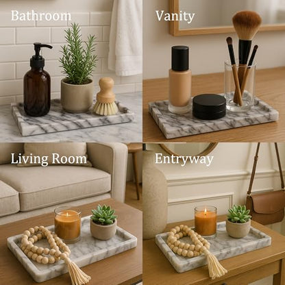 White Marble Vanity Tray – 10.63"x5.91" Rectangular Natural Stone Organizer for Bathroom Perfume Makeup Jewelry Dresser Entryway - color: Rectangular Plum Blossom White