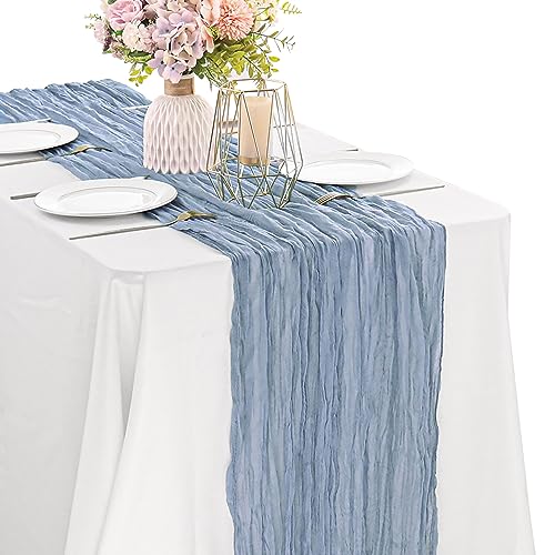 Dusty Blue 10FT Cheesecloth Table Runner Boho Gauze Fabric Table Runner Rustic Sheer Runner for Wedding Bridal Baby Shower Birthday Party Boho Table Decor（1 Pack Dusty Blue） - color: Dusty Blue, size: 35" x 120"-1 Pack