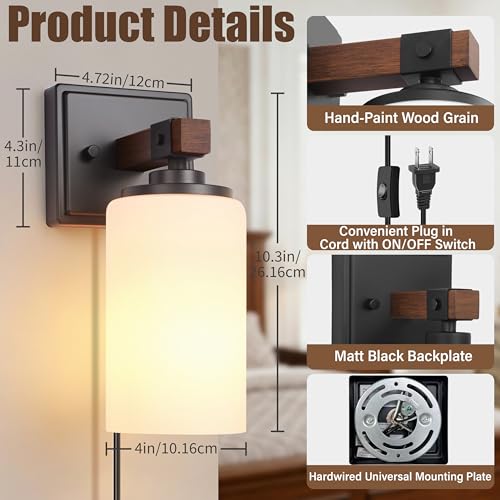 Plug in Wall Sconces Set of 2, Rustic Wall Light with On/Off Switch, 2-in-1
