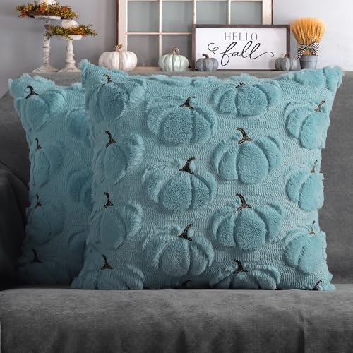 Fall Pillow Covers 18x18 Set of 2 Light Blue Pumpkin Decorations for Home - color: Light Blue, size: 18" x 18" (Pack of 2)