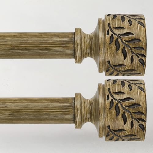 2 Pack Boho Wood Curtain Rods for Windows 32 to 60 Inch, 1" Adjustable Heavy Duty Curtain Rod with Imitation Wooden Grain Leaf Finials, Farmhouse Drapery Rods, Size 32"-60", Dark Weathered Wood - color: Dark Weathered Wood, size: 32" to 60"|2 Pack
