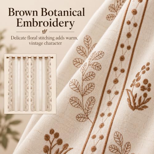 Beige linen blend brown embroidery FloralGrommet Curtains, 55“X95",2 Panels - color: Brown, size: 55"W x 95"L (Pack of 2)