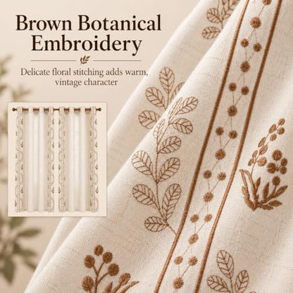 Beige linen blend brown embroidery FloralGrommet Curtains, 55“X95",2 Panels - color: Brown, size: 55"W x 95"L (Pack of 2)