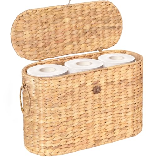 SIEUSALEVN Toilet Paper Storage, Water Hyacinth Baskets with Lid, Toilet Paper Baskets for Storage Holder 6 Rolls, Papers Basket with Built-in Handles for Organizer, Bathroom Accessories Organizer - color: Light Brown 1