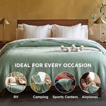 Bedsure 100% Cotton Muslin Blanket Queen Size for Bed, 4-Layer, Sage Green - color: 02 - Sage Green, size: Queen (90" X 90")
