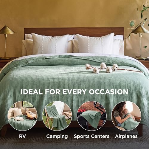 Bedsure 100% Cotton Muslin Blankets for Adults, King, 4-Layer, Sage Green - color: 02 - Sage Green, size: King (108" X 90")