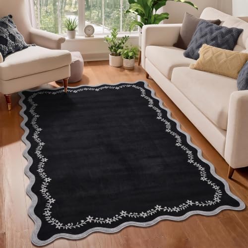 GarveeHome 3x5 Scalloped Washable Area Rug Non Slip Bedroom Entryway Rug - color: Black, size: 3' x 5' (Rectangular)