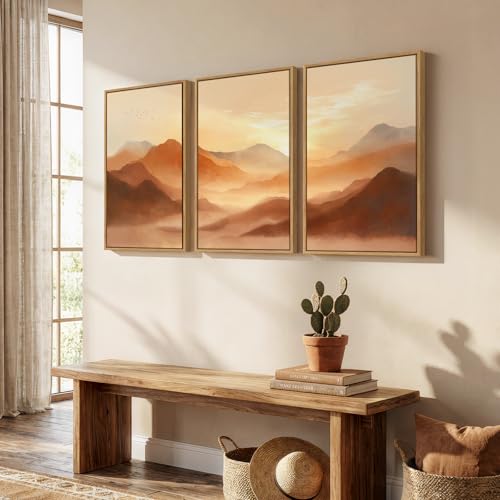 Framed Orange Abstract Mountain Wall Art for Living Room, 3 Piece, 24x36 In - color: Orange, size: 24" W x 36" H x 3Pcs