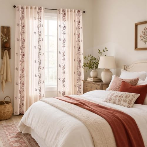 jinchan Linen Curtains 96 Inch Terracotta Floral Drapes Back Tab 2 Panels - color: Terracotta on Beige, size: 50"W x 96"L (Pack of 2)