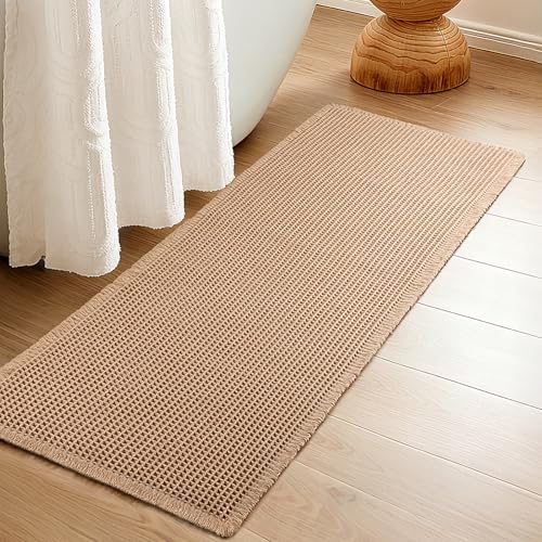 Luxury Waffle Bath Mat, Super Absorbent Non Slip Bathroom Rugs, Boho Ultra Soft Comfort Machine Washable Quick Dry Floor Mats with Tassels (Brown, 24" x 72") - color: Brown, size: 24" X 72"