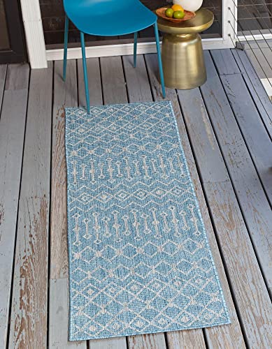 Unique Loom Outdoor Trellis Collection Area Rug - Tribal Trellis (2' x 8' Runner, Aqua/ Ivory) - color: Aqua/Ivory, size: 2' x 8' (Runner)