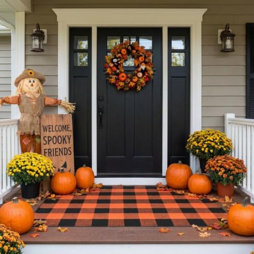 MUBIN Fall Decor Cotton Buffalo Plaid Rug, 3' x 5' Orange Black Outdoor Rug Front Door Decorative Mat, Washable Halloween Doormat Foldable Area Rug Layered Door Mats Rug for Front Porch, Entryway - color: Orange Black Plaid, size: 3' x 5' (Rectangular)