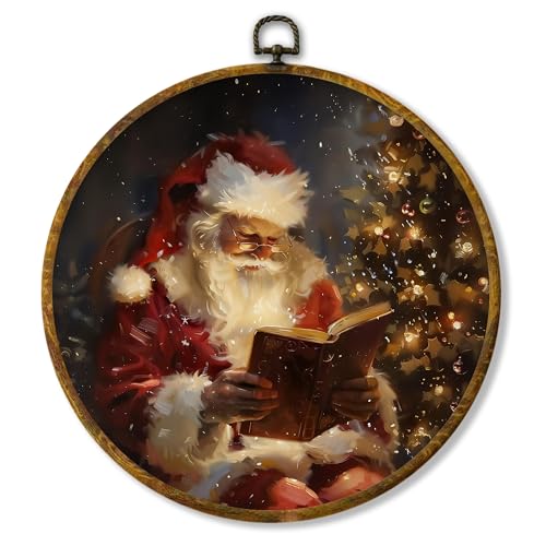 shiviody Vintage Christmas Canvas Wall Art Decor, Dark Cottagecore Farmhouse Christmas Santa Reading Book Round Hanging Frame Prints Decorations for Home Bedroom Living Room 10"x10" - color: Winter 02