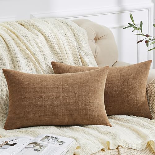 GAWAMAY 2 Pack 12x20 Apricot Brown Chenille Throw Pillow Covers for Couch - color: Apricot Brown, size: 20" x 12" (Pack of 2)