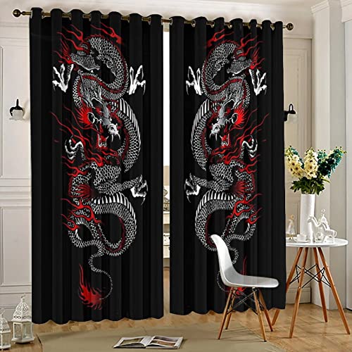 Fantasy Chinese Dragon Curtains - Cool Retro Black Red Japanese Anime Dragon Window Drapes Room Darkening Blackout Curtains Thermal Insulated Grommet Curtains for Bedroom 2 Panels 45L x 21W - color: Fantasy Chinese Dragon, size: 42"W x 45"L (Pack of 1)