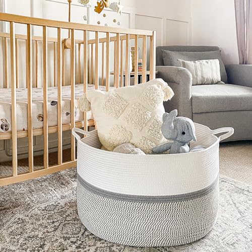 CHICVITA 85L Large Cotton Rope Blanket Basket with Handles, Grey - color: Gray