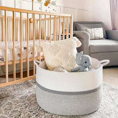 CHICVITA 85L Large Cotton Rope Blanket Basket with Handles, Grey - color: Gray